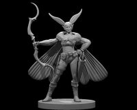 Horned, moth-winged female fey miniature standing confidently, holding a curved sickle-bow, wearing fur-collared bodice, utility belt, and knee-high boots. Sculpt by MZ4250.