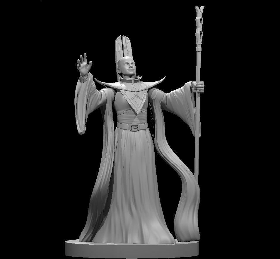 Grey resin render of the Female Archmage miniature — a robed spellcaster in flowing wide-sleeved robes, one hand raised open-palmed and the other gripping a tall forked arcane staff. She wears a tall two-peaked ceremonial headdress and a structured angular chest piece. 32mm scale, unpainted, on a plain round base.