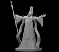 Grey resin digital render of a male archmage miniature at 32mm scale — bald figure in sweeping robes and tall mitre, arms outstretched mid-incantation, holding a forked staff in his left hand, mouth open, robes billowing around the base