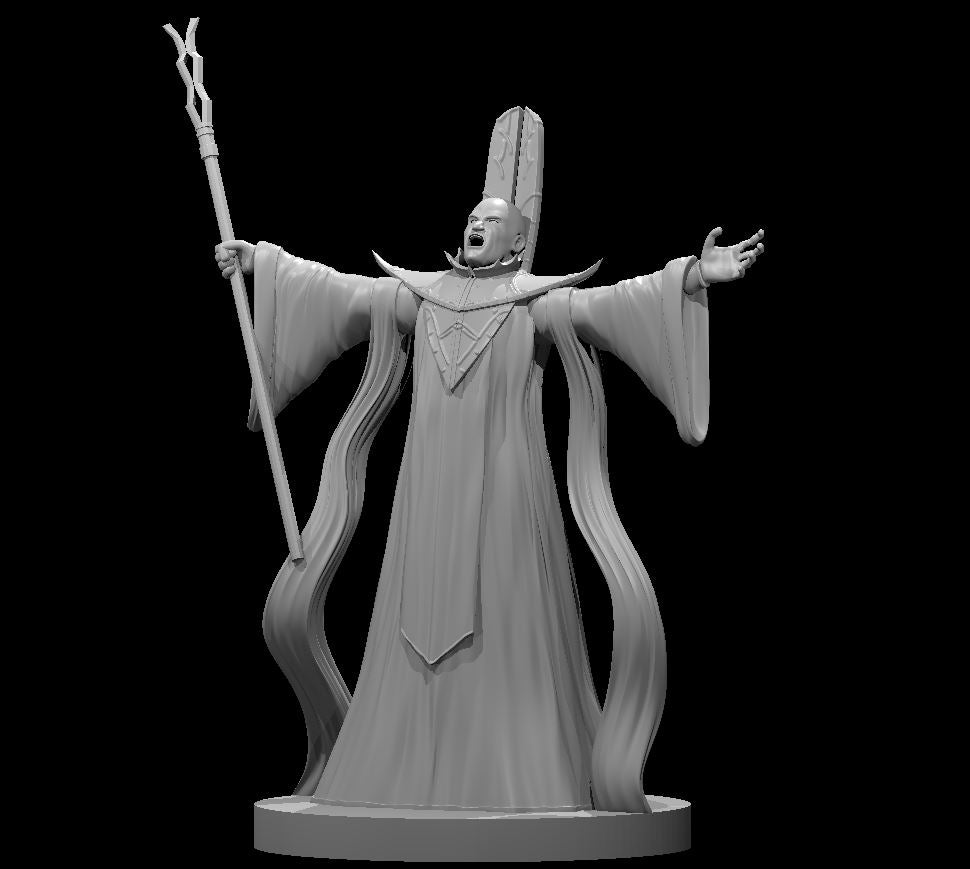 Grey resin digital render of a male archmage miniature at 32mm scale — bald figure in sweeping robes and tall mitre, arms outstretched mid-incantation, holding a forked staff in his left hand, mouth open, robes billowing around the base