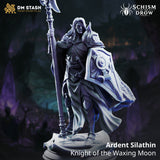 Rear view of a long-haired drow knight raising a crescent-moon polearm overhead, revealing an elaborately scrollwork-patterned cloak interior and fur collar across the shoulders, with a decorative sculpted base beneath. Sculpt by DM Stash.