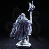 Rear view of the dark elf knight bust showing a sweeping cloak covered in deeply sculpted swirling scrollwork relief patterns, fur trim at the shoulders, crescent halberd raised in one hand. Sculpt by DM Stash.