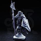 Armoured dark elf bust holding a crescent-bladed halberd aloft, wearing layered plate armour with winged pauldrons and a kite shield with circular boss detail. Sculpt by DM Stash.