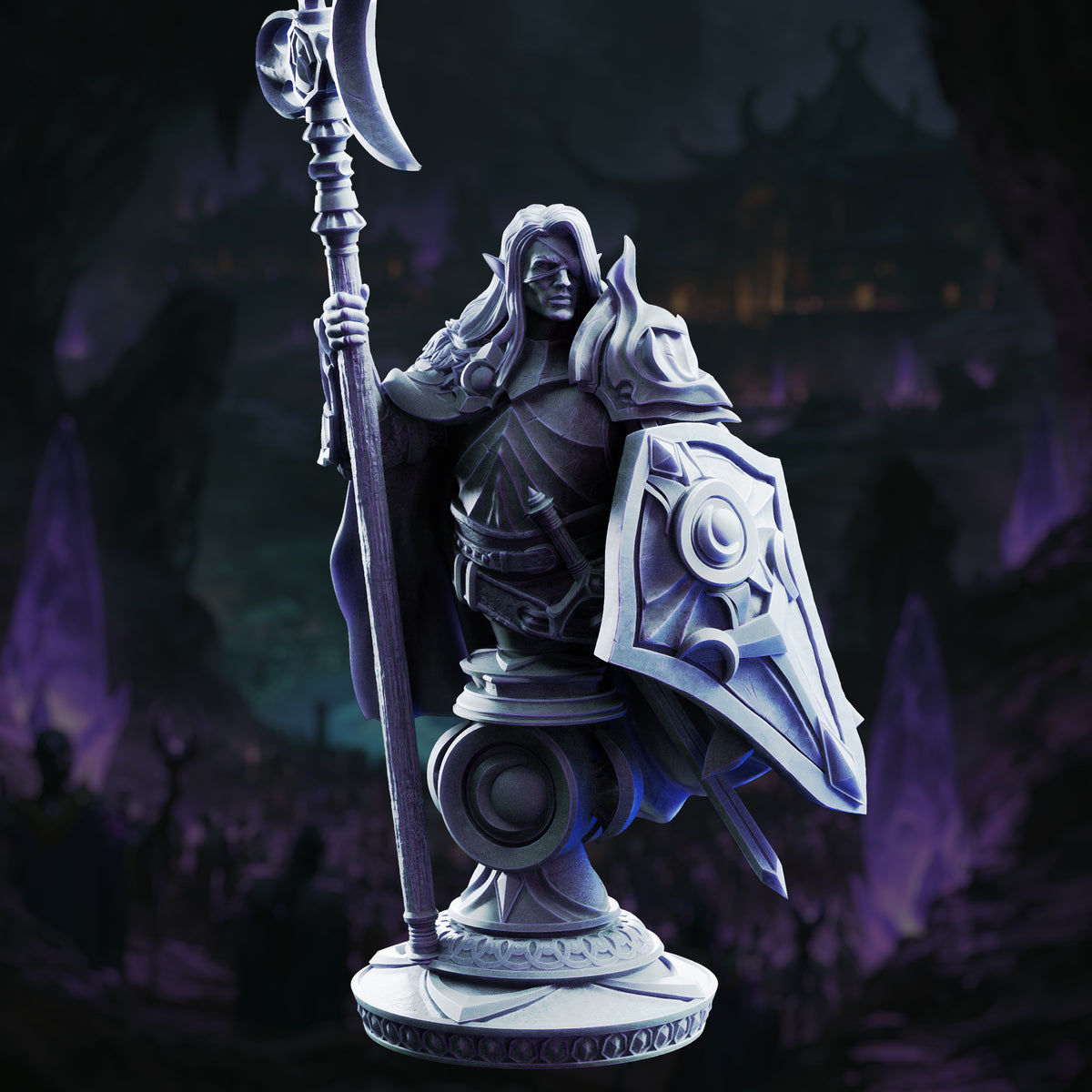Dark elf knight bust gripping a tall crescent halberd, blindfolded left eye, long loose hair over pointed ears, ornate kite shield at his side, detailed plate and quilted cloth armour. Sculpt by DM Stash.
