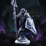 Dark elf knight bust gripping a tall crescent halberd, blindfolded left eye, long loose hair over pointed ears, ornate kite shield at his side, detailed plate and quilted cloth armour. Sculpt by DM Stash.