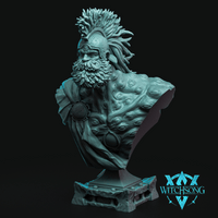 Digital render of the Argus Panoptes display bust by Witchsong Miniatures, shown unpainted in teal resin. The bust depicts a heavily bearded male giant wearing a crested helm adorned with wild branch-like hair. His cloak is covered in sculpted closed eyes and fastened with a runic circular medallion at the chest. The piece sits on a detailed rectangular stone plinth with studded metalwork edging. Background is black.
