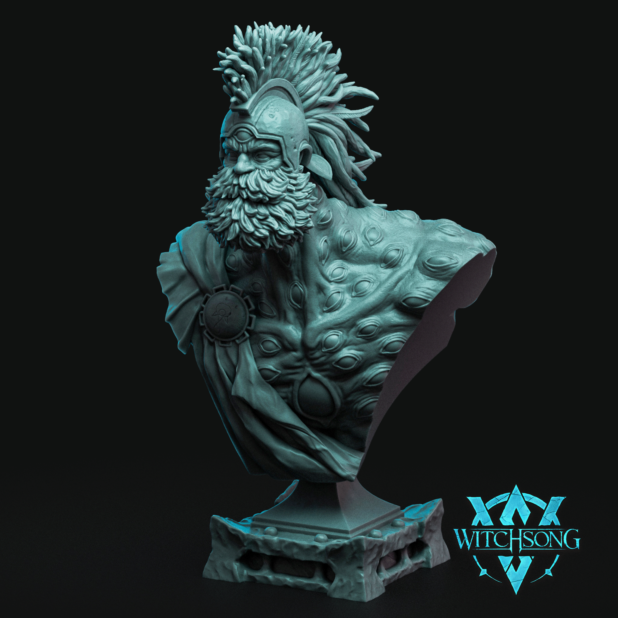 Digital render of the Argus Panoptes display bust by Witchsong Miniatures, shown unpainted in teal resin. The bust depicts a heavily bearded male giant wearing a crested helm adorned with wild branch-like hair. His cloak is covered in sculpted closed eyes and fastened with a runic circular medallion at the chest. The piece sits on a detailed rectangular stone plinth with studded metalwork edging. Background is black.