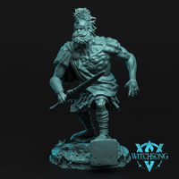 Digital render of the Argus Panoptes miniature by Witchsong Miniatures — an unpainted cyan resin sculpt of a large, muscular giant mid-stride, with dreadlocked hair bursting from a crested helm, a torso covered in eye-like fleshy growths, gripping a short sword in one hand, standing on a detailed scenic rocky base at approximately 80mm scale
