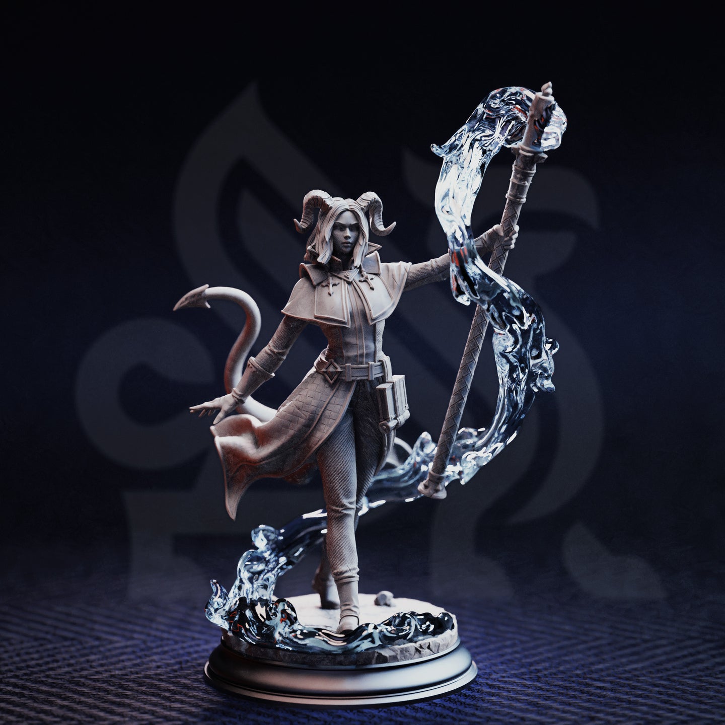 Unpainted grey resin miniature of Aria the Faithful tiefling sorceress, front three-quarter view — shows staff with dramatic translucent swirling energy effect, flowing cape, buckled belt with satchel, and rocky scenic base with pooling magical energy