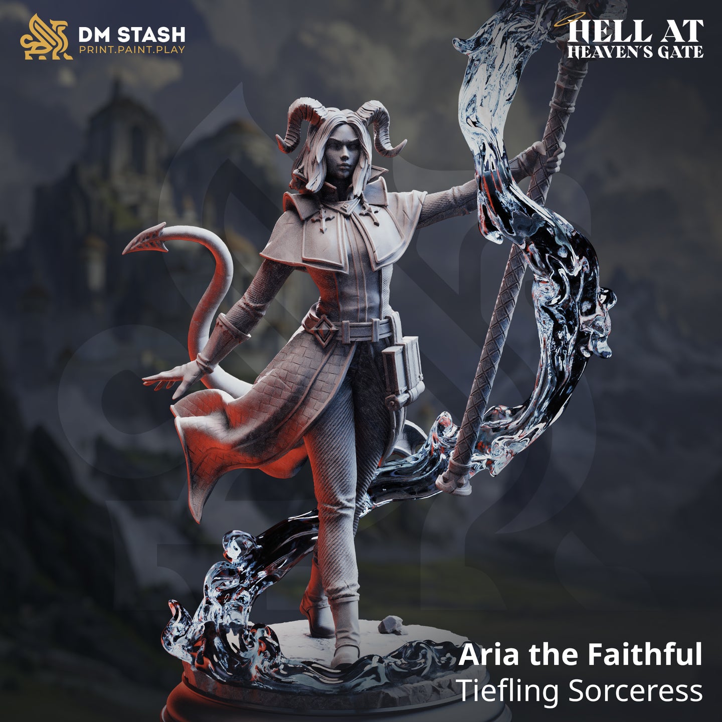 Digital render of Aria the Faithful tiefling sorceress miniature from DM Stash's Hell at Heaven's Gate — front view showing curling horns, barbed tail, layered coat, and large staff with swirling spectral energy effect, on a detailed scenic base