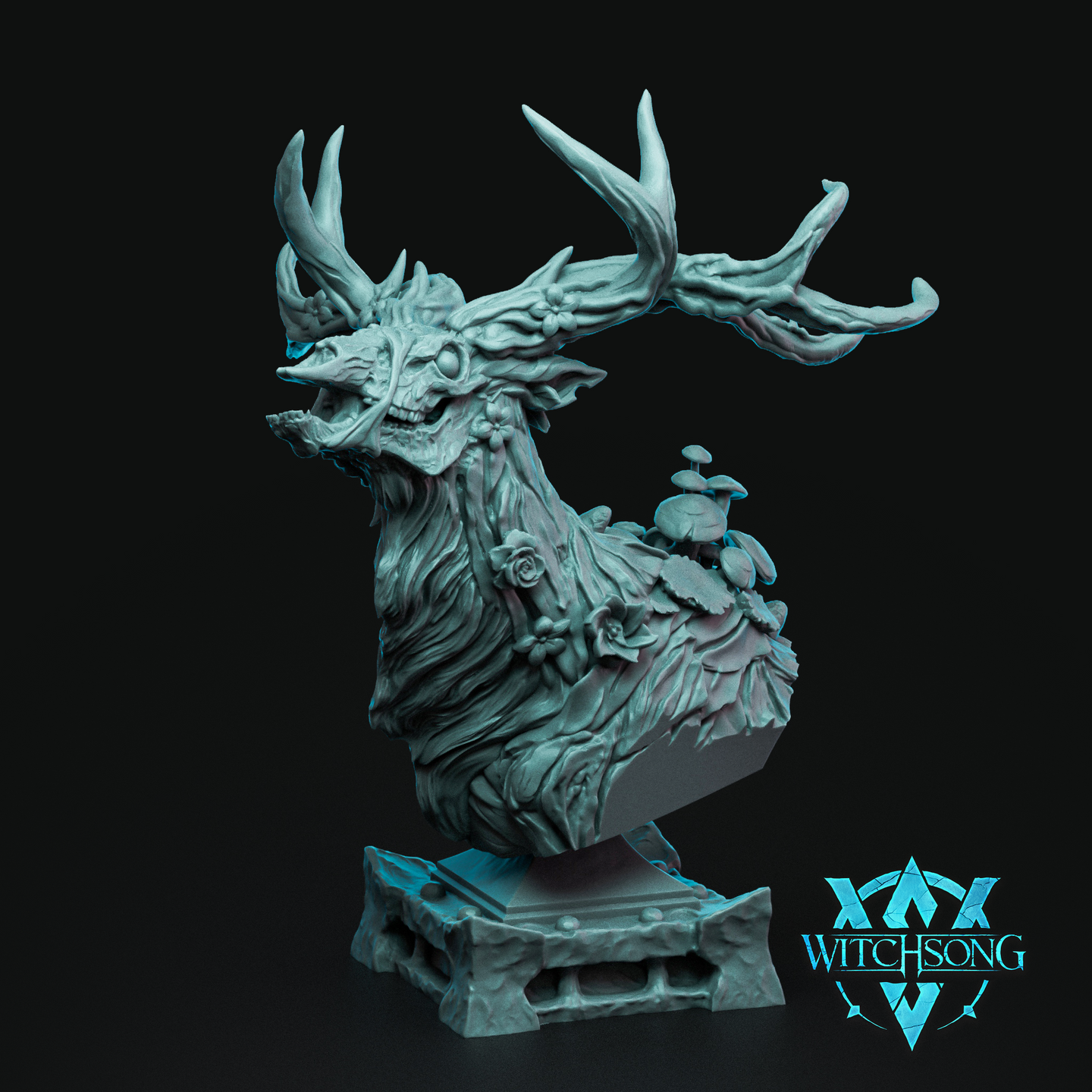 Digital render of the Arsen Horns of Hell bust by Witchsong Miniatures — an unpainted teal resin-coloured display bust showing a skeletal cervine creature with broad twisted antlers, hollow eye sockets, an open snarling jaw, and a body overgrown with roses, leaves, mushrooms, and bark texture, mounted on a sculpted stone plinth base with a trophy-panel backing