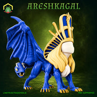 Areshkagal the Faceless Sphinx by The Toadstool Weaver — a four-legged draconic creature in deep blue with bat wings, gilded talons, and a blank-faced head crowned with an ornate gold and blue pharaonic headdress and flowing pale hair.