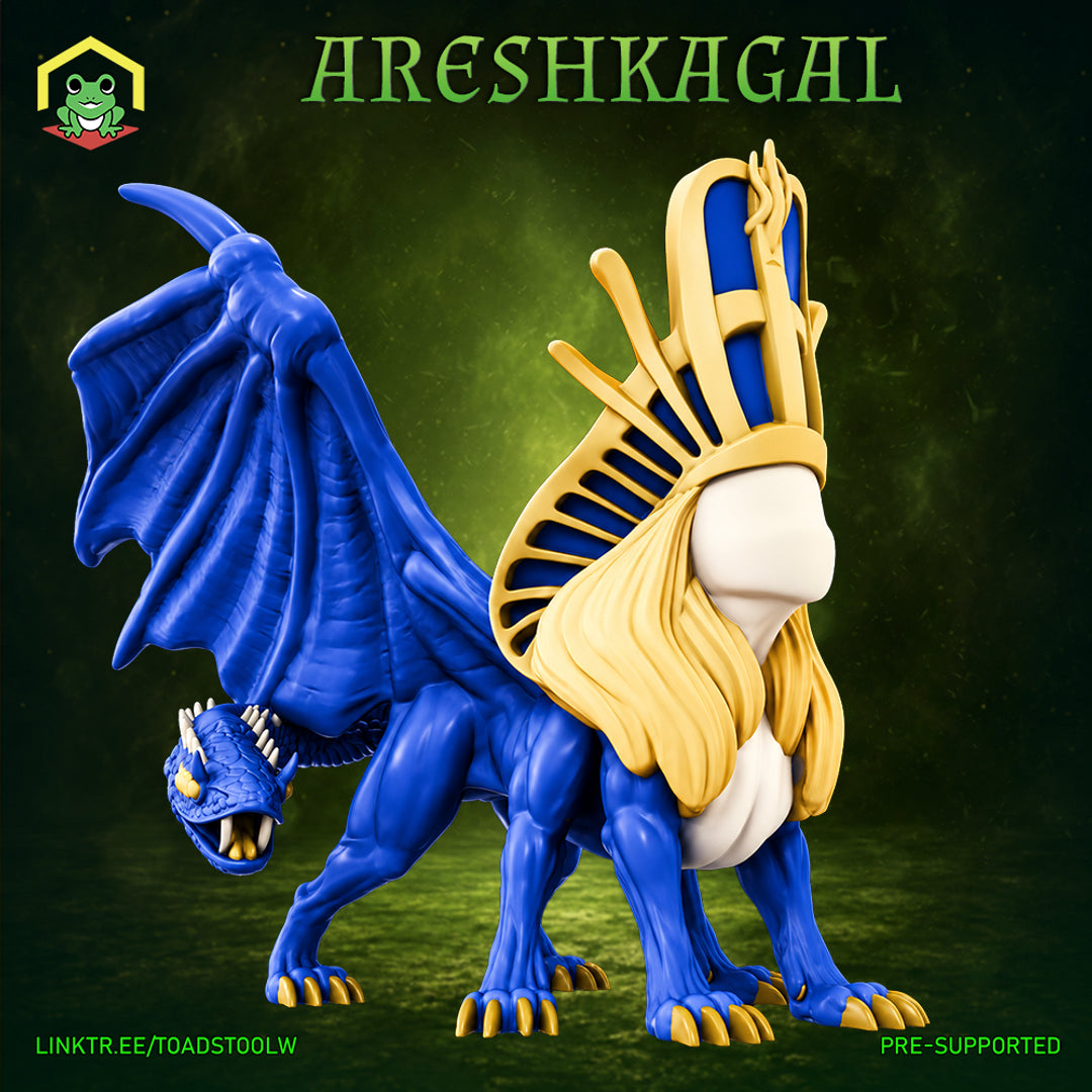 Areshkagal the Faceless Sphinx by The Toadstool Weaver — a four-legged draconic creature in deep blue with bat wings, gilded talons, and a blank-faced head crowned with an ornate gold and blue pharaonic headdress and flowing pale hair.