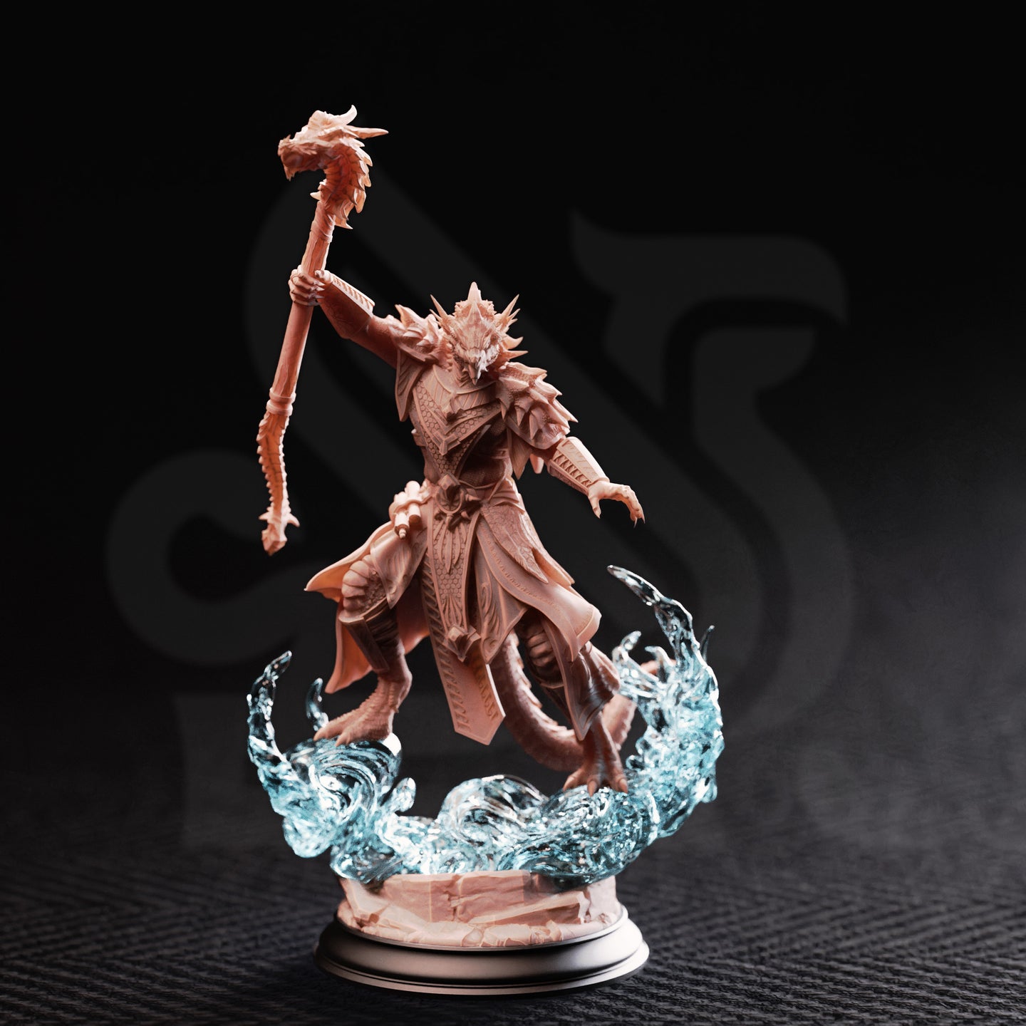 Front view of Artizak Stormscale unpainted resin miniature — dragonborn sorcerer with spiked crest, scaled tail and layered armour, posed atop a sculpted wave-of-chaos base with dark claw details emerging from magical energy