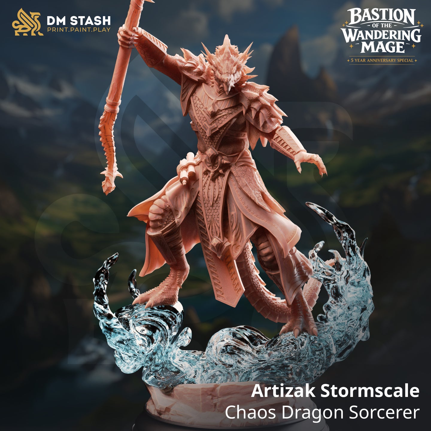 Artizak Stormscale chaos dragon sorcerer 32mm miniature render — dragonborn figure in scale armour and runed coat, raising a dragonhead staff above a swirling chaos-energy base, from the DM Stash Bastion of the Wandering Mage collection