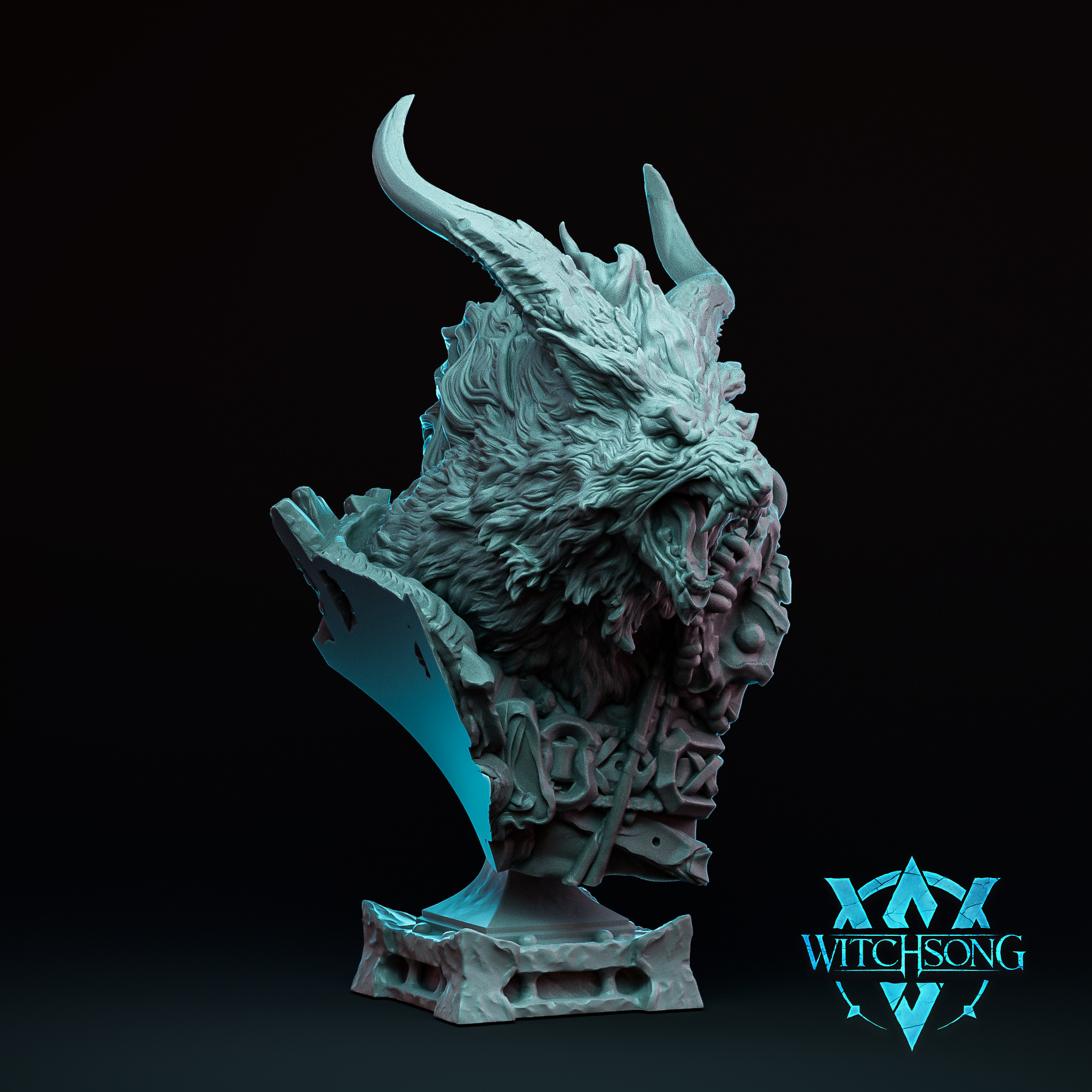 Digital render of the Ascendant Greatwolf bust by Witchsong Miniatures — an unpainted grey resin display bust depicting a snarling, horned wolf creature with matted fur, runic iron plating around the neck and chest, and a wide-open jaw, mounted on a detailed rocky plinth base, shown against a dark background