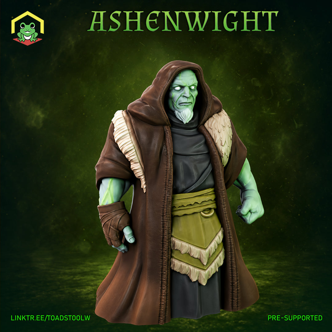 Broad-shouldered wight in a deep hood and layered robes, fists loosely clenched at sides, gaunt green face with hollow white eyes, frayed olive sash at waist. Sculpt by The Toadstool Weaver.