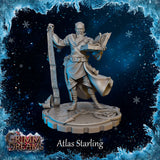 Front view of Atlas Starling unpainted grey resin miniature — bearded male wizard holding an open spellbook in one hand and raising a tall rune-covered scroll in the other, wearing a billowing cloak over layered robes with a star amulet, standing on a sculpted arcane circle base