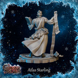 Rear view of Atlas Starling unpainted grey resin miniature — showing a second female variant from behind, hair in a bun, clutching a tome in one hand and holding a rune-etched scroll aloft in the other, detailed belt accessories and flowing robes visible, arcane circle base beneath
