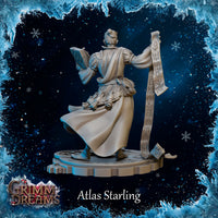 Rear view of Atlas Starling unpainted grey resin miniature — showing a second female variant from behind, hair in a bun, clutching a tome in one hand and holding a rune-etched scroll aloft in the other, detailed belt accessories and flowing robes visible, arcane circle base beneath