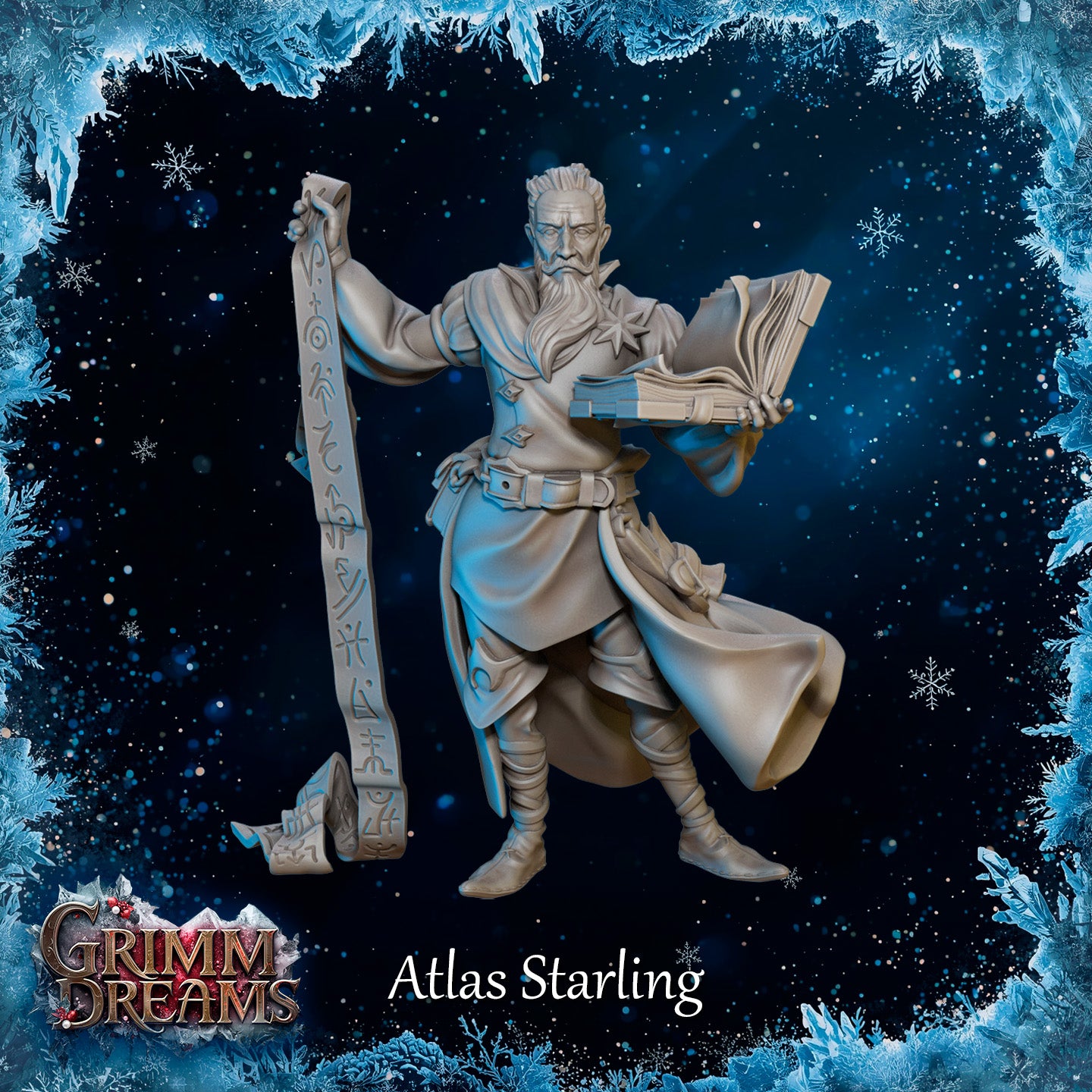 Three-quarter front view of Atlas Starling unpainted grey resin miniature — bearded male wizard mid-stride, open spellbook held forward, long runic scroll raised high, cloak swept to one side, star amulet on chest, standing on an engraved arcane circle base