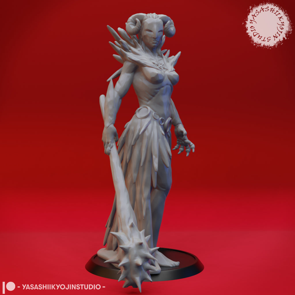 Three-quarter front view of an unpainted grey resin miniature showing a horned female divine figure with a spiked shoulder mantle, trailing spiked mace, clawed free hand, and layered feathered skirt on a round black base — Auril pose 02 at 32mm scale
