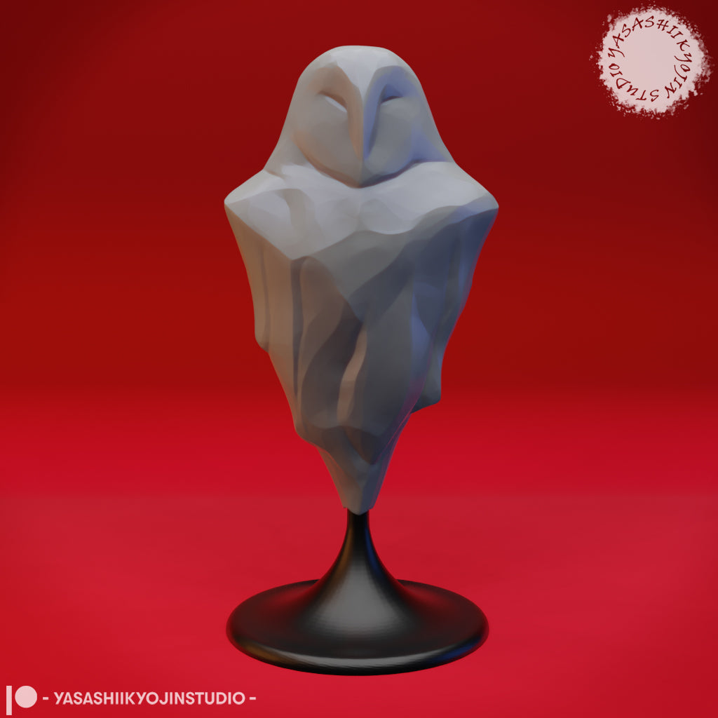 Digital render of the Auril 03 miniature by Yasashii Kyojin Studio — an unpainted grey low-poly geometric owl spirit figure mounted on a slim black display base, shown against a deep red background