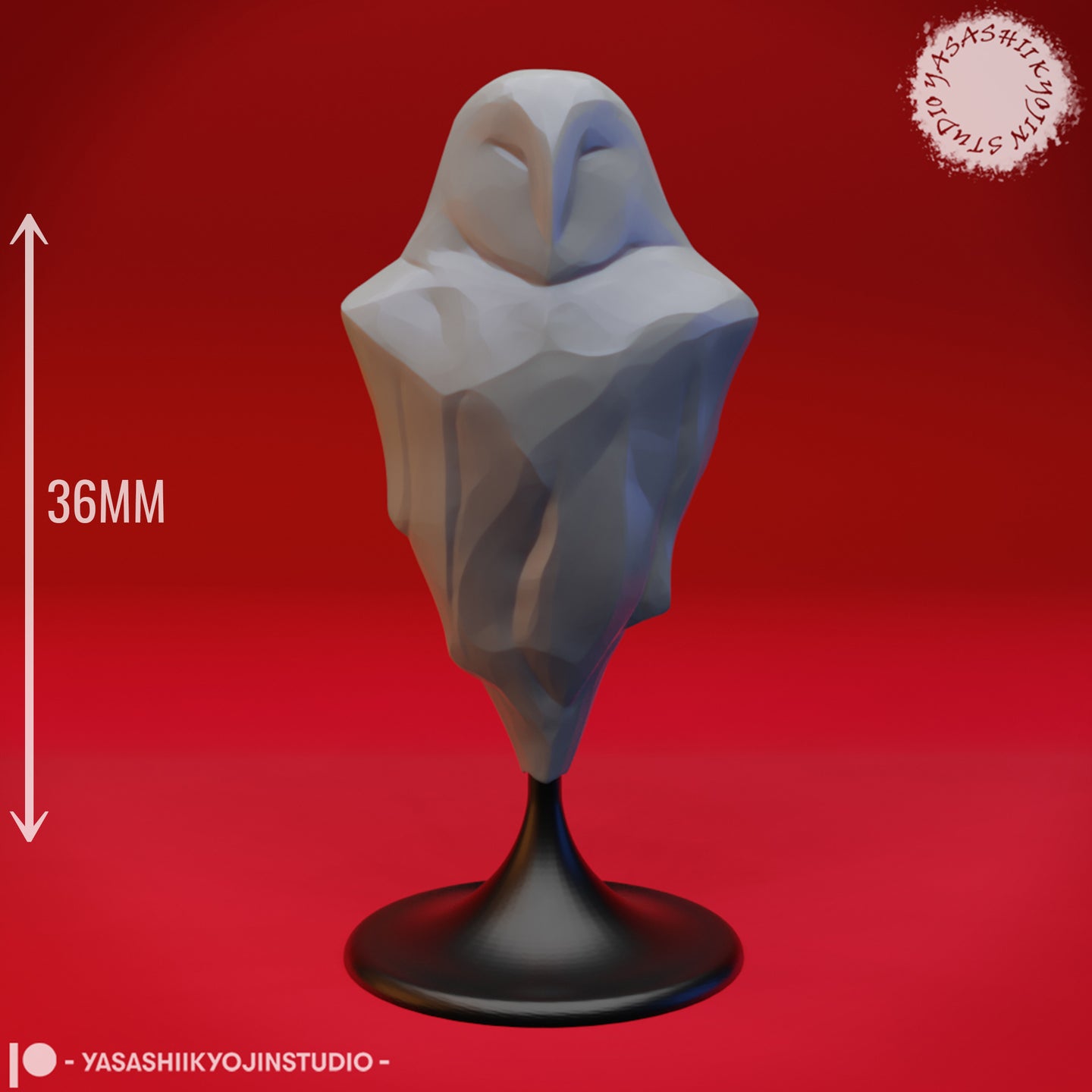 Digital render of the Auril 03 miniature by Yasashii Kyojin Studio with a 36mm scale indicator — unpainted grey low-poly owl spirit on a black display base, showing full height measurement against a red background