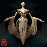 Front-facing digital render of the Aurumach Rilmani miniature by Monster Atlas — a slender masked figure in layered armour with arms spread wide, great flowing sashes extending from each arm, and a lower body merging into a large downward-pointing blade and crescent base. Unpainted gold resin render.