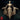 Front-facing digital render of the Aurumach Rilmani miniature by Monster Atlas — a slender masked figure in layered armour with arms spread wide, great flowing sashes extending from each arm, and a lower body merging into a large downward-pointing blade and crescent base. Unpainted gold resin render.