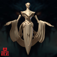Front-facing digital render of the Aurumach Rilmani miniature by Monster Atlas — a slender masked figure in layered armour with arms spread wide, great flowing sashes extending from each arm, and a lower body merging into a large downward-pointing blade and crescent base. Unpainted gold resin render.