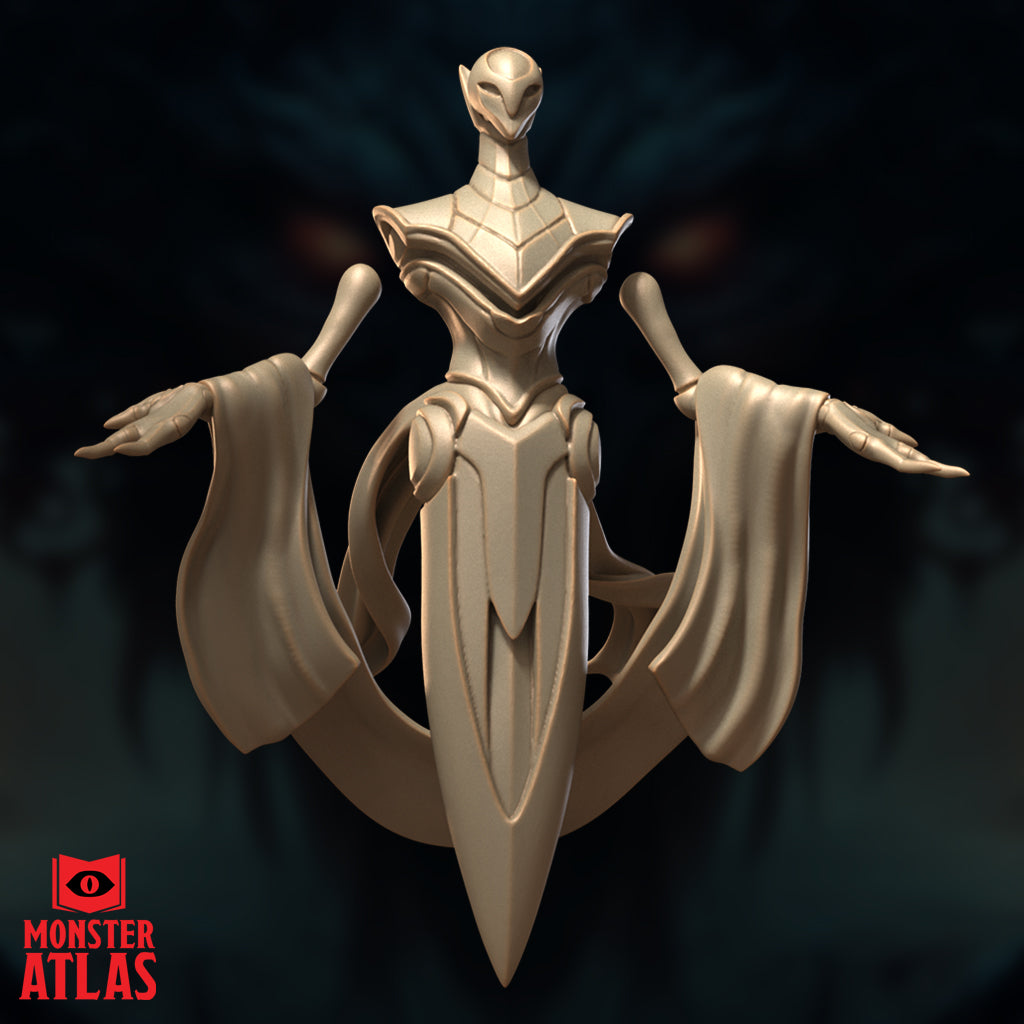 Front-facing digital render of the Aurumach Rilmani miniature by Monster Atlas — a slender masked figure in layered armour with arms spread wide, great flowing sashes extending from each arm, and a lower body merging into a large downward-pointing blade and crescent base. Unpainted gold resin render.