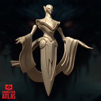 Three-quarter angle digital render of the Aurumach Rilmani by Monster Atlas — showing the articulated pauldrons, detailed chest armour, and the sweeping crescent-and-blade base from a slightly elevated perspective. Unpainted gold resin render.