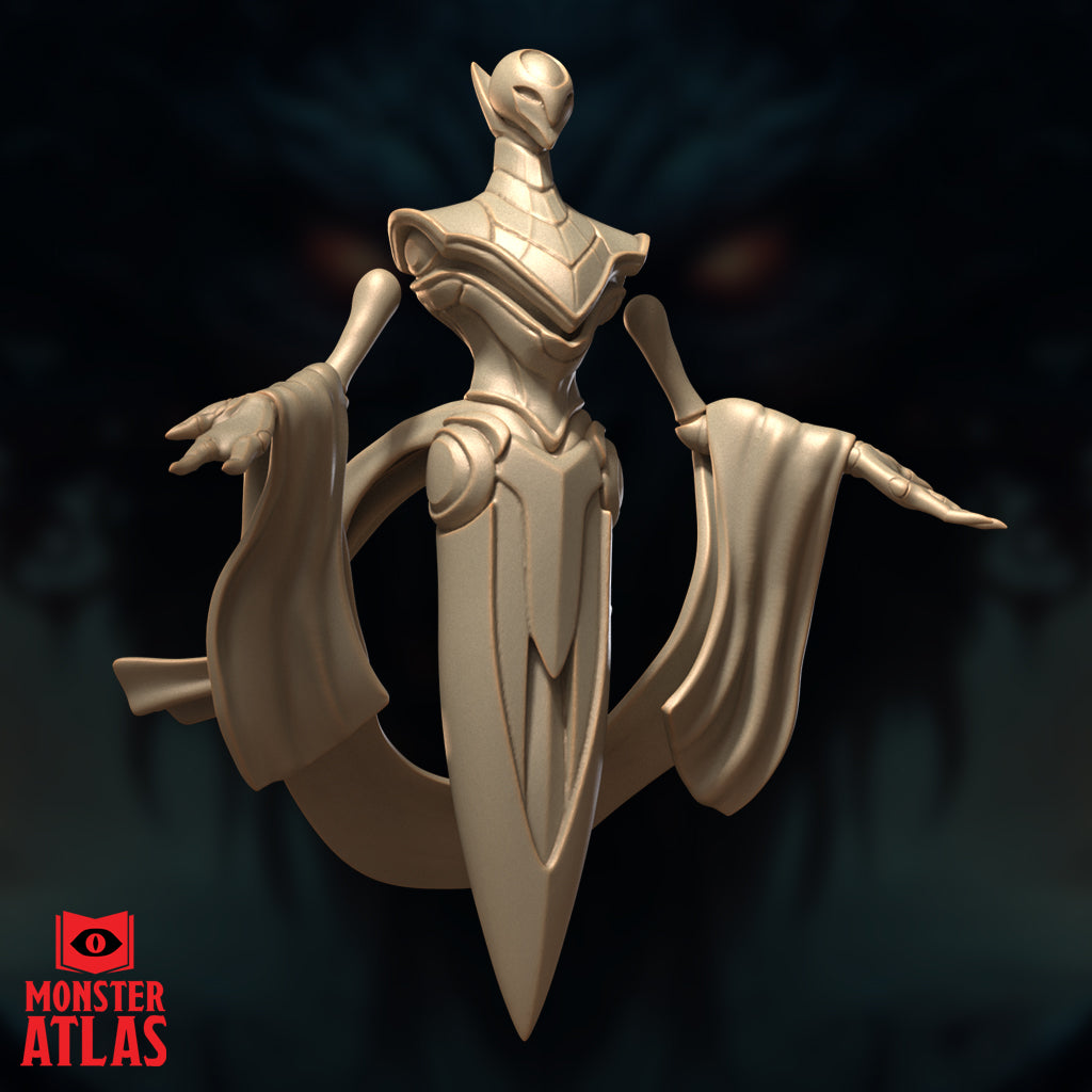 Three-quarter angle digital render of the Aurumach Rilmani by Monster Atlas — showing the articulated pauldrons, detailed chest armour, and the sweeping crescent-and-blade base from a slightly elevated perspective. Unpainted gold resin render.