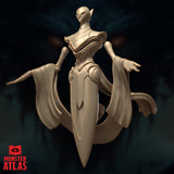 Rear three-quarter digital render of the Aurumach Rilmani by Monster Atlas — highlighting the flowing sashes, the back detail of the armoured torso, and the full spread of the crescent base beneath. Unpainted gold resin render.