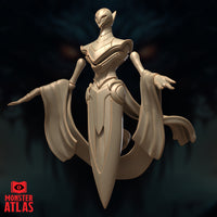 Rear three-quarter digital render of the Aurumach Rilmani by Monster Atlas — highlighting the flowing sashes, the back detail of the armoured torso, and the full spread of the crescent base beneath. Unpainted gold resin render.