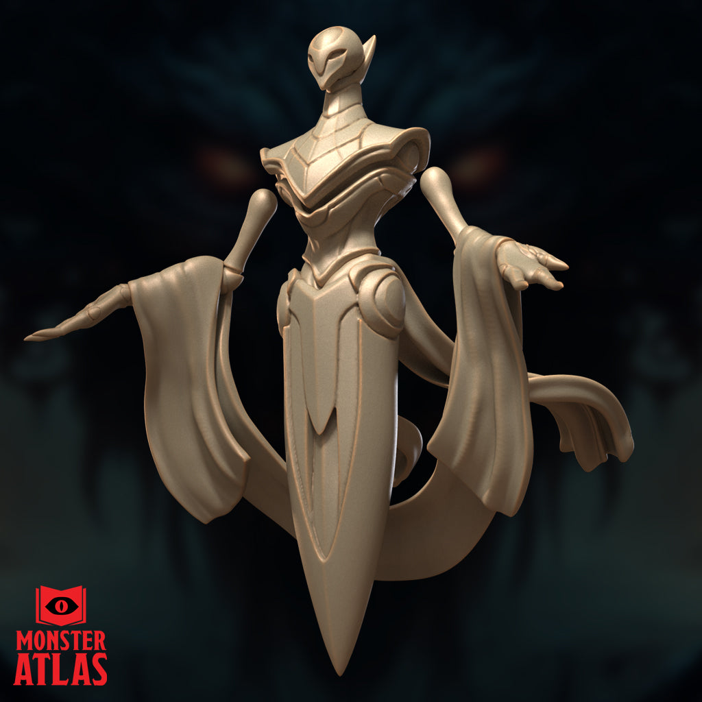 Rear three-quarter digital render of the Aurumach Rilmani by Monster Atlas — highlighting the flowing sashes, the back detail of the armoured torso, and the full spread of the crescent base beneath. Unpainted gold resin render.