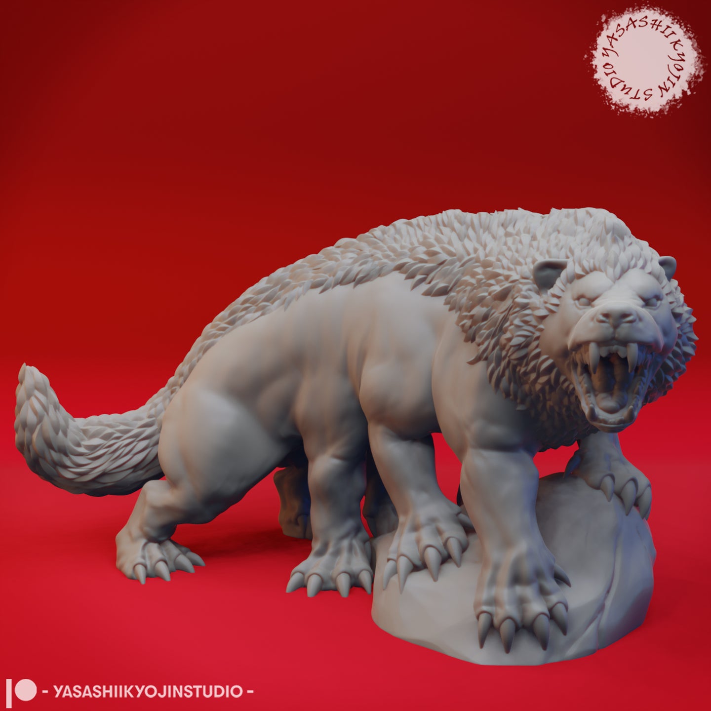 Unpainted grey resin Aurumvorax miniature by Yasashii Kyojin Studios — low-slung, eight-legged lion-like beast with quilled back, snarling open jaws, and clawed feet planted on a rocky base, viewed from the side