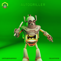 Digital render of the Autogriller construct miniature — a hulking mechanical robot with a domed grimacing head, exhaust pipes, riveted chest armour with an open furnace cavity glowing orange, wielding a spatula in each hand, wide stance, unpainted grey resin render on a green background