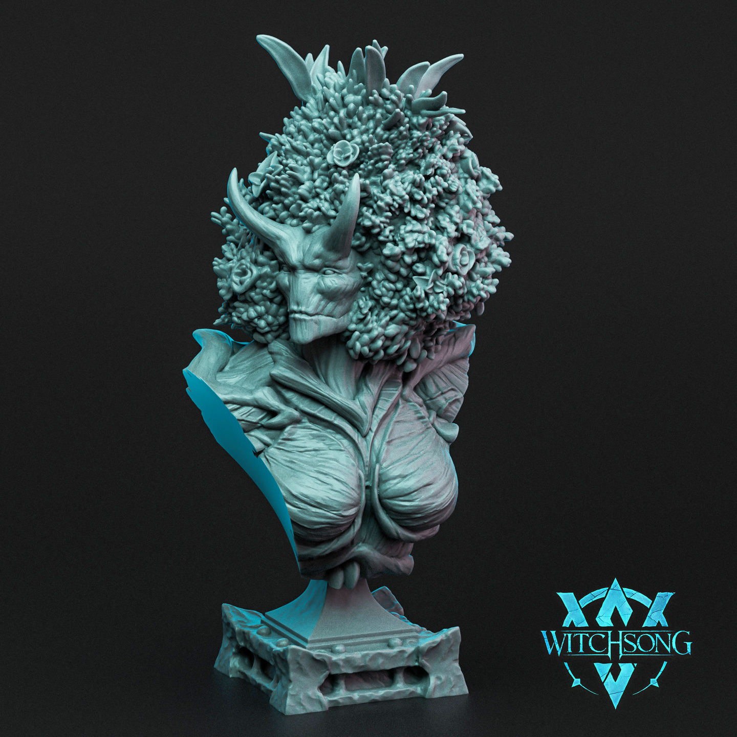 Digital render of the Avatar of Spring bust by Witchsong Miniatures — a horned female nature spirit with a dense crown of sculpted flowers and foliage, narrowed eyes, bark-textured torso, and an integrated stone plinth base, shown in teal-tinted grey against a dark background