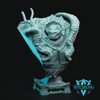 Digital render of the Avatar of Summer bust by Witchsong Miniatures — a large gastropod snail creature with a spiralling ridged shell, gaunt alien face with hollow eyes, twin antennae, and a crystalline blade-like shard emerging from the decorative base, shown unpainted in teal-grey resin against a black background
