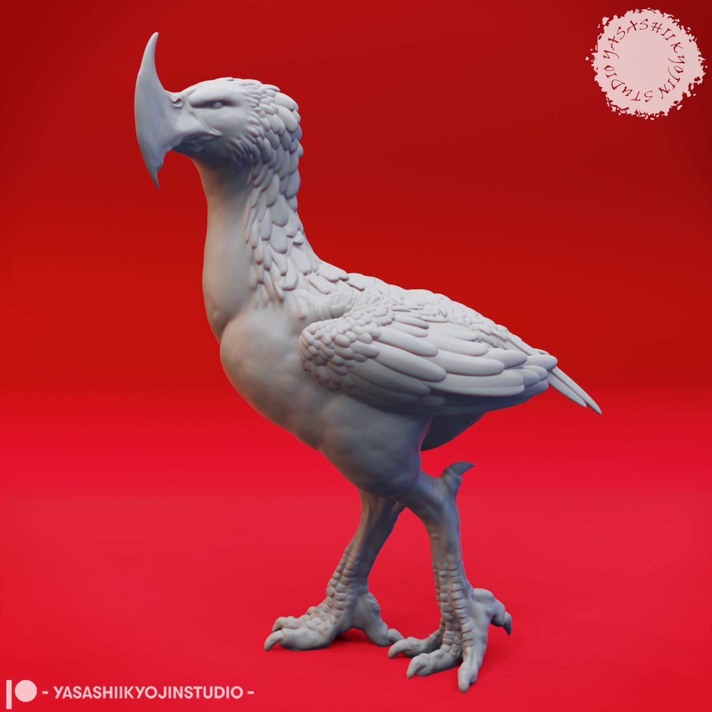 Grey resin digital render of an axe beak miniature, three-quarter front view showing hooked double-curved beak, layered feathers across the body and wings, and scaled taloned feet — from Yasashii Kyojin Studio