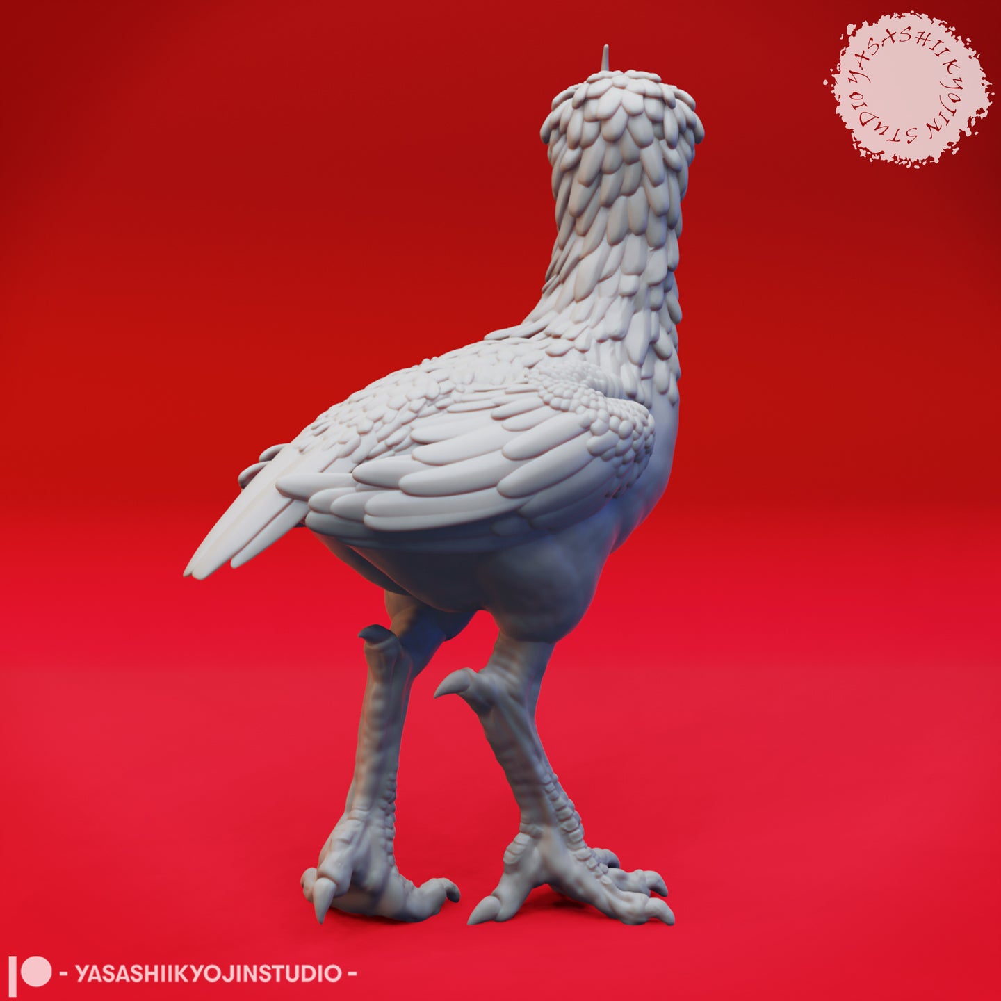 Grey resin digital render of an axe beak miniature, rear three-quarter view showing feathered back, layered wing feathers, small pointed tail feathers, and scaled legs with splayed clawed feet — from Yasashii Kyojin Studio