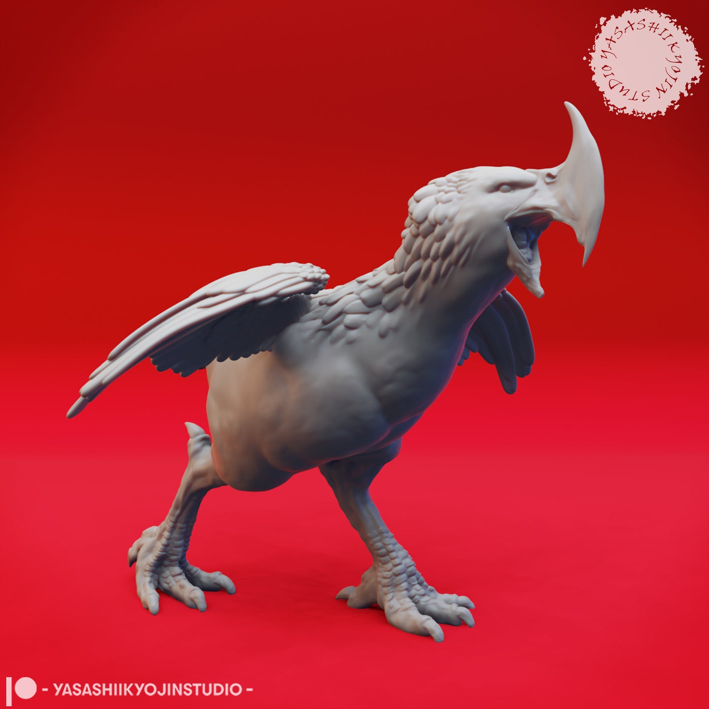 Digital render of an unpainted grey Axe Beak miniature, front three-quarter view. The creature stands on scaled taloned feet with beak open mid-shriek, a large curved horn projecting from its head, and wings half-spread in a threat display. Sculpted by Yasashii Kyojin Studios.