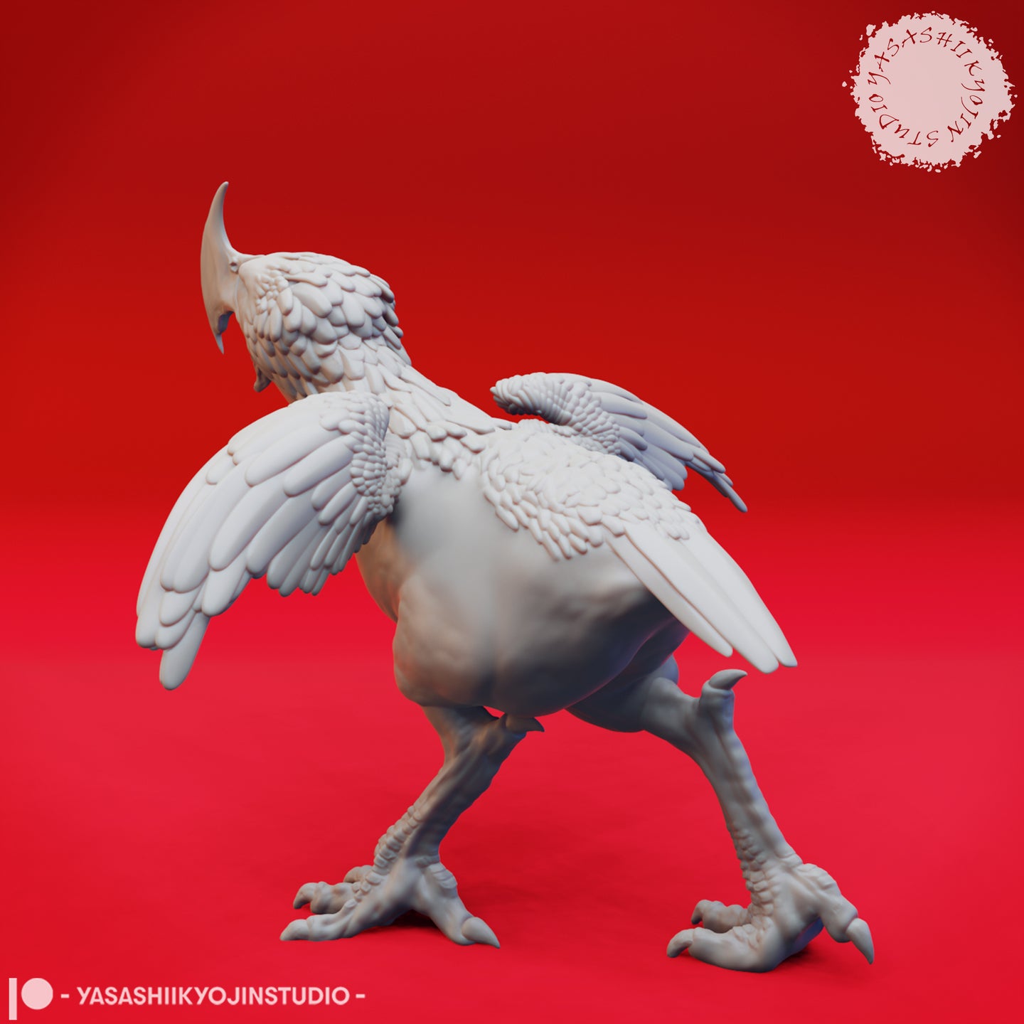 Digital render of an unpainted grey Axe Beak miniature, rear three-quarter view. Both wings are spread wide showing detailed primary feathers, the curved horn is visible above the head, and the heavily scaled legs and talons are clearly defined. Sculpted by Yasashii Kyojin Studios.