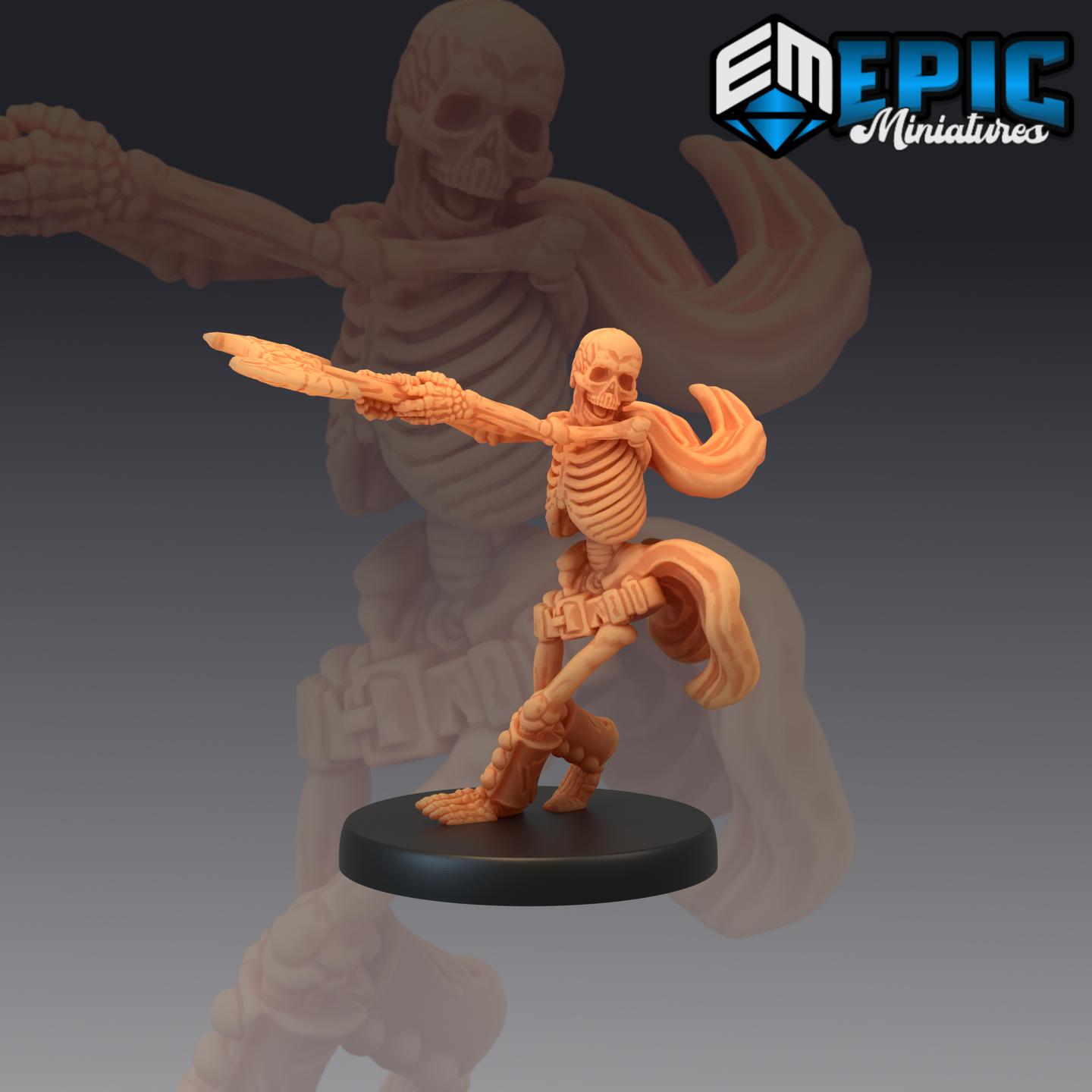 Skeleton miniature striding forward with one arm extended, gripping a long axe horizontally. Exposed ribcage, tattered cape flowing behind. Sculpt by Epic Miniatures.