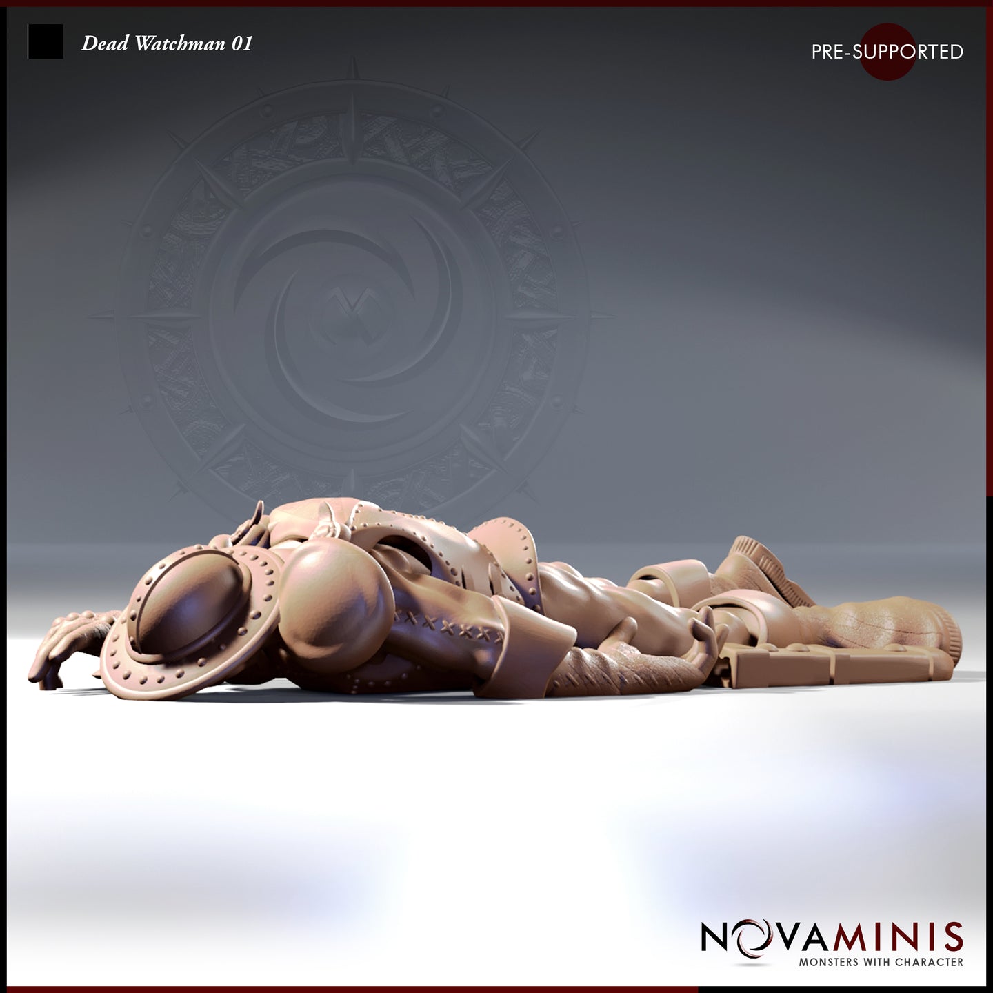 Digital render of the Dead Watchman 01 miniature by Novaminis — a male human guard in studded leather brigandine lying face-down, arms outstretched, round riveted shield beside him, viewed from a low front angle showing full armour and boot detail