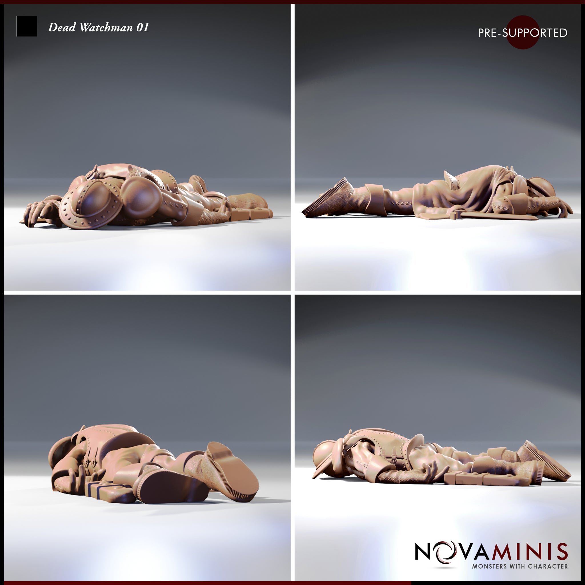 Four-angle digital render sheet of Dead Watchman 01 miniature showing front, rear, side, and three-quarter views of the fallen armoured guard lying face-down. Unpainted clay-toned resin render by Novaminis.