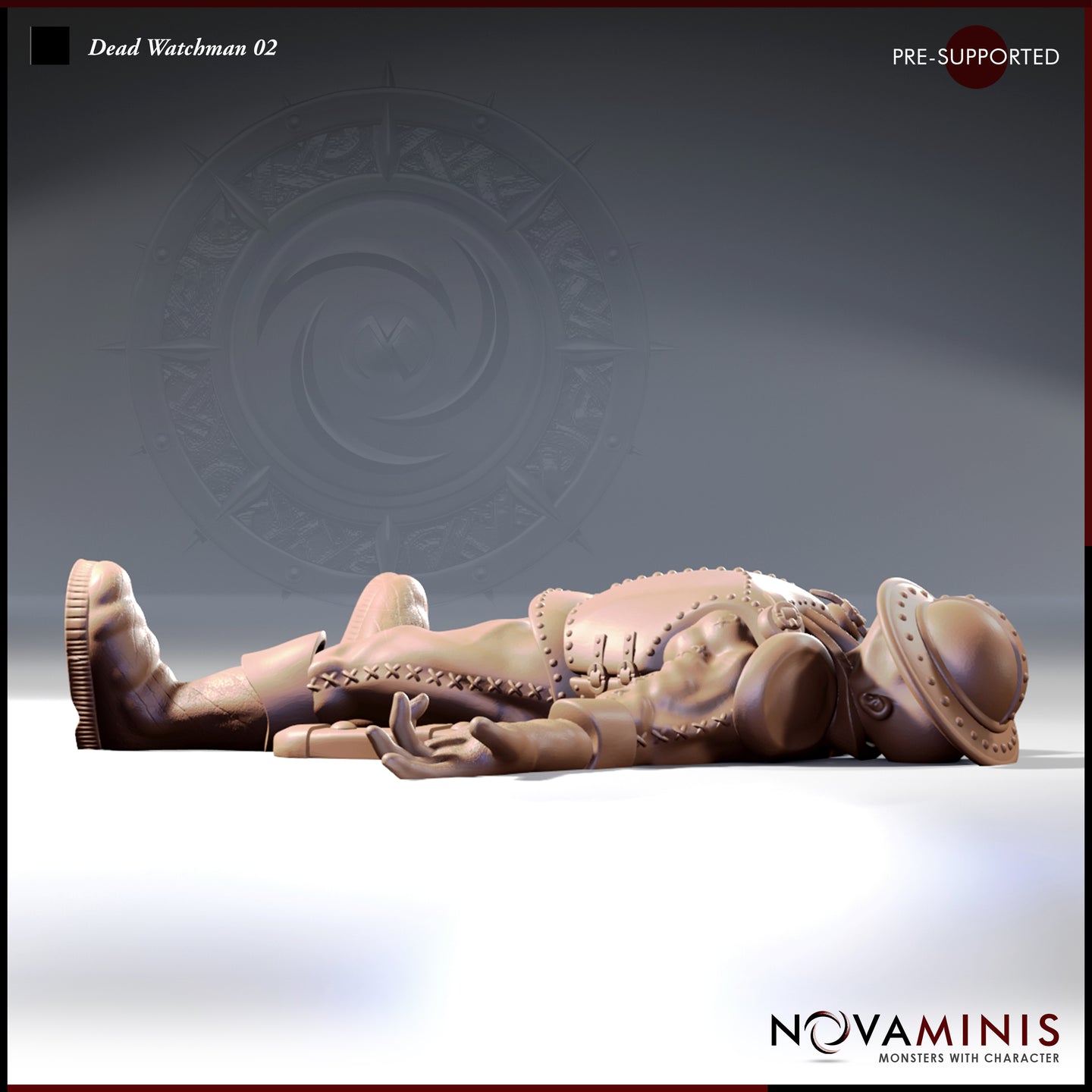 Digital render of Dead Watchman 02 miniature by Novaminis — a prone male human guard lying face-up, wearing studded leather armour with rivet and cross-lace detailing, brimmed iron helmet resting beside his turned head, one arm outstretched with open upturned hand, sturdy thick-soled boots visible at the far end, unpainted resin render in warm tan tones