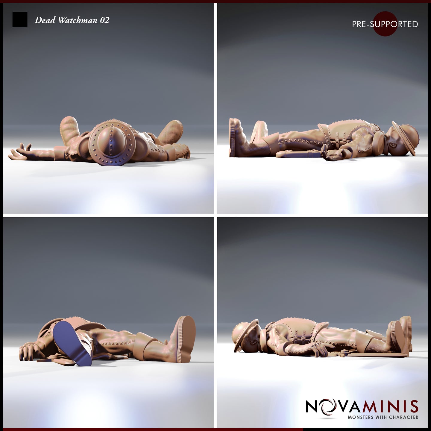 Four-angle digital render sheet of Dead Watchman 02 by Novaminis — showing the prone fallen watchman from front, side, back, and three-quarter views, revealing full armour detail across torso, arms and legs, the dislodged brimmed helmet, cross-laced stitching on the leather, and the flat recumbent pose suited for basing as scatter terrain or a narrative corpse marker